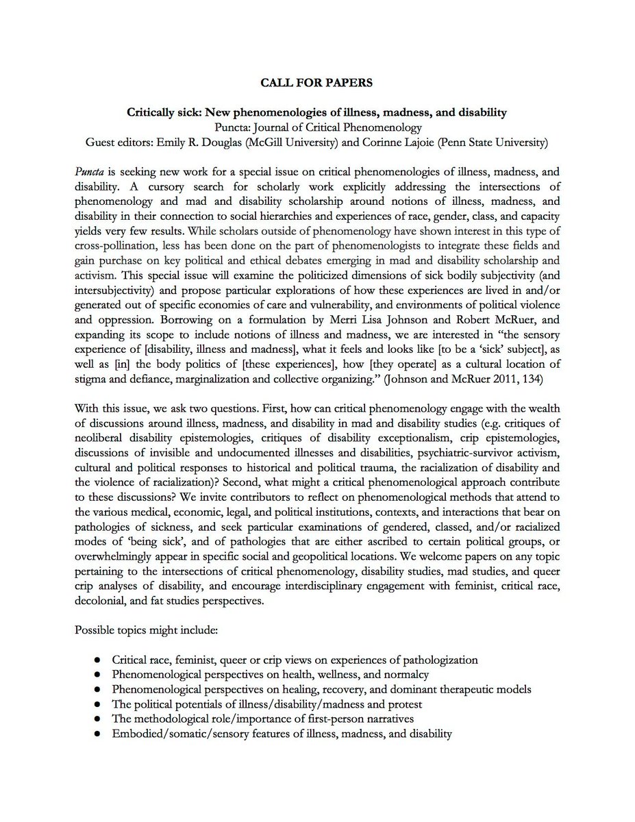 CISSC_CU's tweet image. Puncta: Journal of Critical Phenomenology is seeking new work on critical phenomenologies of illness, madness, and disability. Check out their Call for Papers! #cissc #interdisciplinary #huma