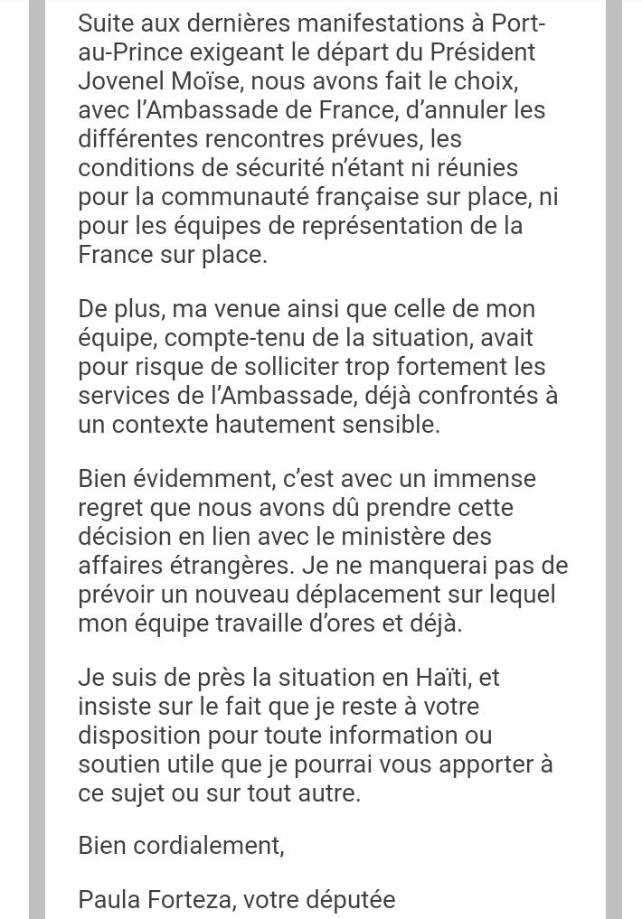 La députée des Français de l'étranger <a href="/PaulaForteza/">Paula Forteza</a> confirme l'annulation de sa visite prévue cette semaine en #Haiti.