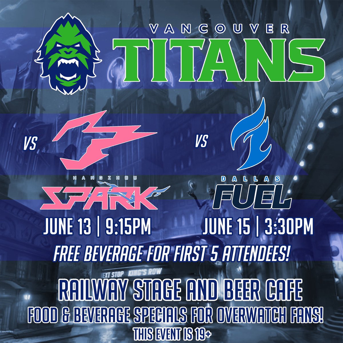 runners_VA's tweet photo. It’s time for week 2 of matches and viewing parties for the @VancouverTitans! Join us tomorrow for a late night match at the @railwaySBC against the @Hangzhou_Spark! The first five to show up get a free drink on us Runners! See you there! https://t.co/LMQcRK7zIs