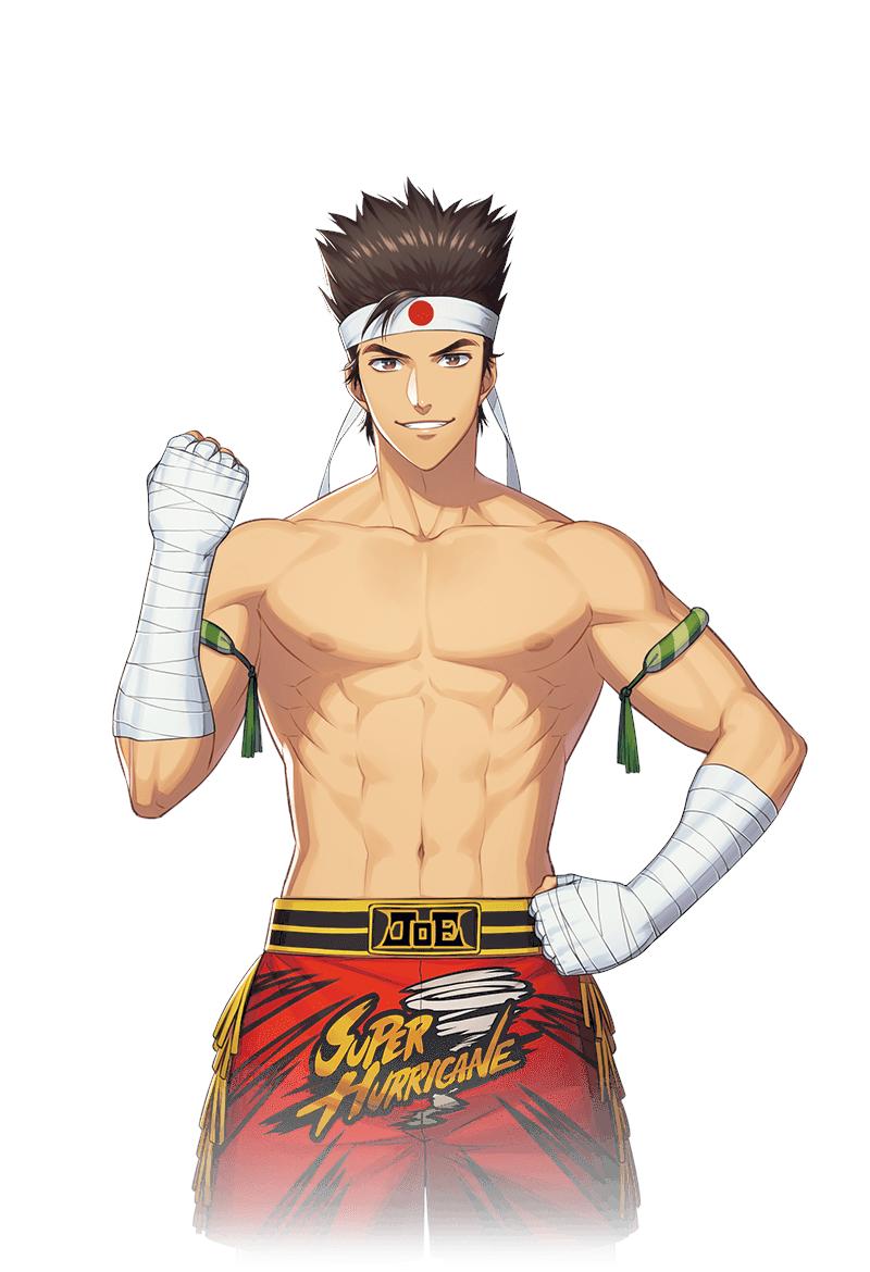 HIGASHI JOE (ジョー・東)CV: Chiharu SawashiroHeight/Weight: 180cm/71kgBirthday: 3/29Country: JapanFighting style: Muay ThaiJoe is a Muay Thai champion, which comes as no surprise as he lived in Thailand for most of his life, training to snatch the title.