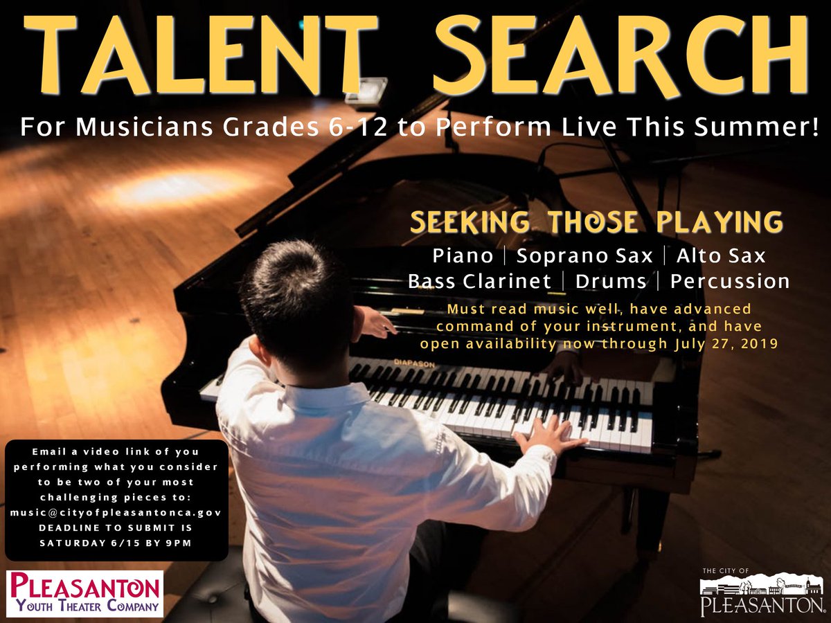 Know a talented 6th-12th grade musician? Seeking talented pianists, saxophonists, clarinetists, drummers, and percussionists. Email us today at music@cityofpleasantonca.gov.