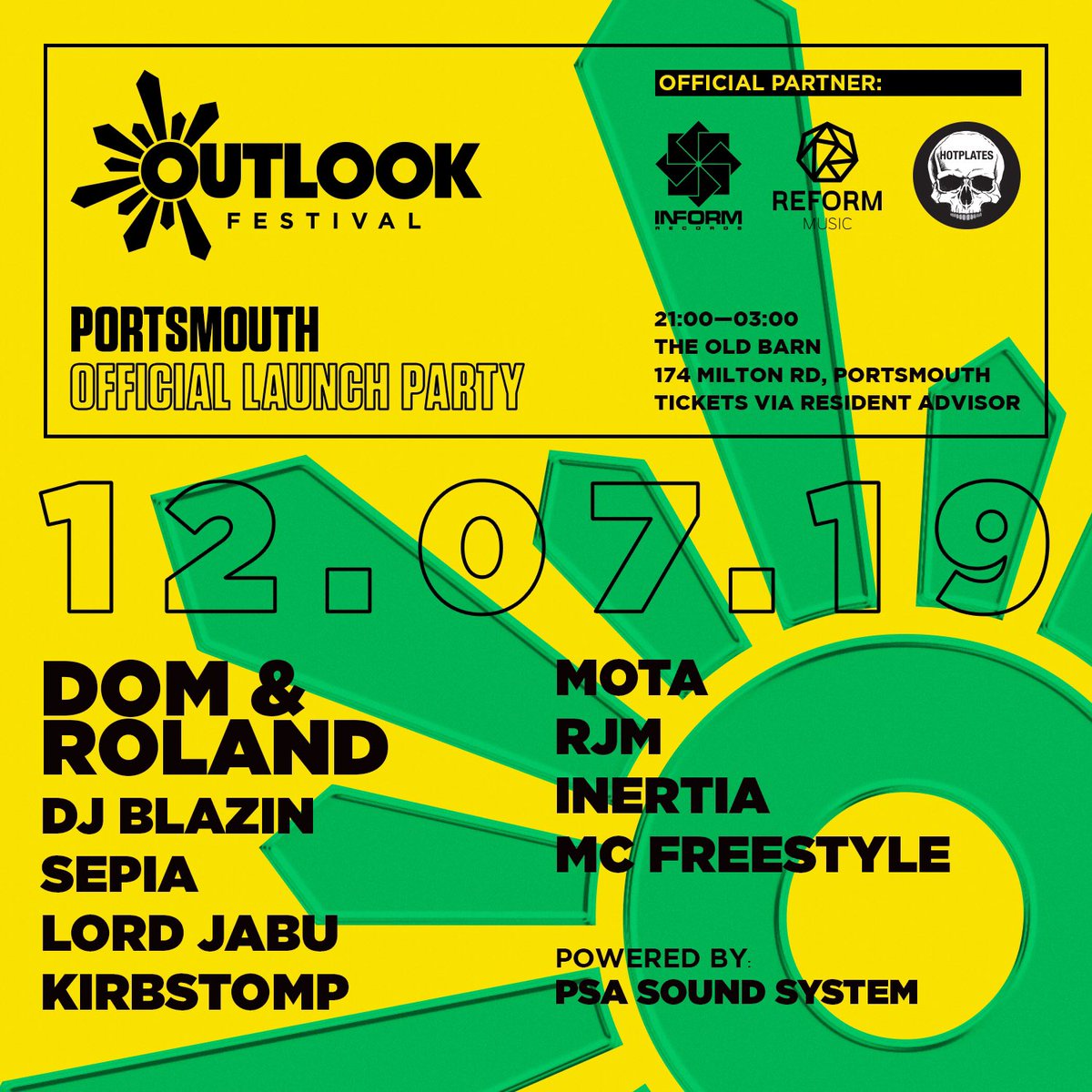 <a href="/OutlookFestival/">Outlook Festival</a> #Portsmouth launch party 🚀 12/07/2019

Featuring <a href="/domandroland/">Dom & Roland</a> 🔥 

🐦 Early bird tickets for £6 🐦
bit.ly/outlookfest-po…

<a href="/reformmusicuk/">Reform Music</a> <a href="/hotplatesuk/">Hot Plates</a> 

#outlookfestival2019 #drumandbass #southsea #thebarn