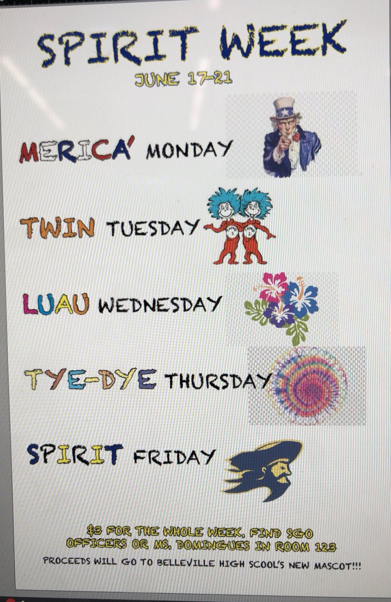 SGO will be having one last spirit week! 
$3 for the WHOLE WEEK &amp; the proceeds will go to the school’s NEW mascot 💙💛
Find an SGO Officer or Ms. Domingues in room 123 to purchase a wristband. #BUCS