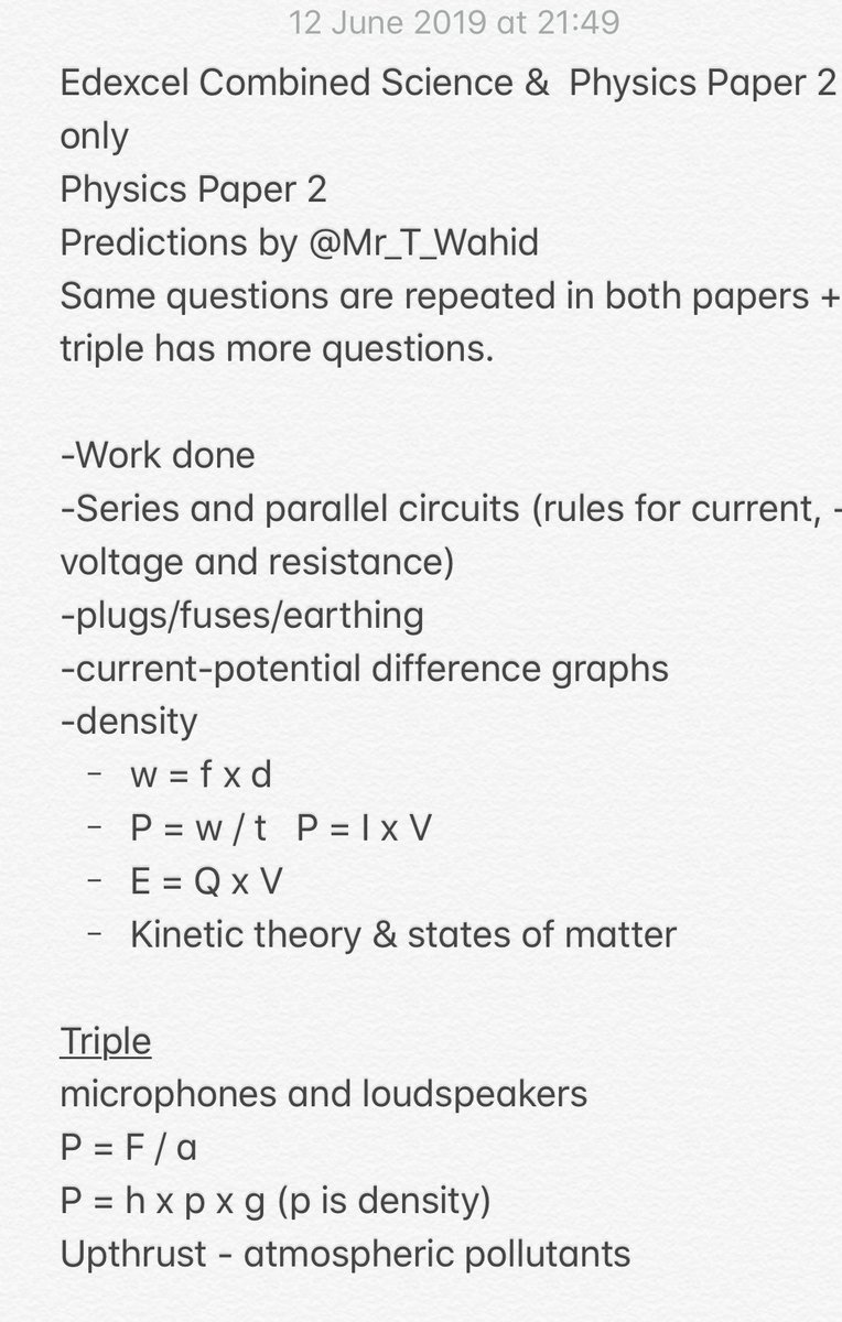 Mr_T_Wahid's tweet image. My Edexcel Physics Paper 2 predictions for Friday #GCSEs2019 #edexcelphysics Good Luck