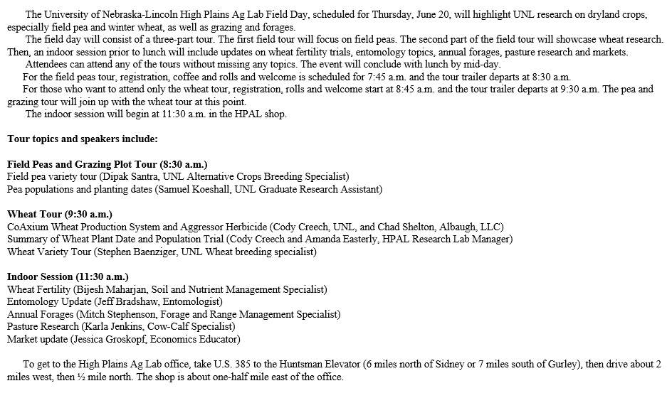 NebraskaCarrie's tweet photo. Check out next week's High Plains Ag Lab Field Day Agenda for June 20, 2019! #NebExt #UNLExtPanhandle https://t.co/w0ufkCvVpm
