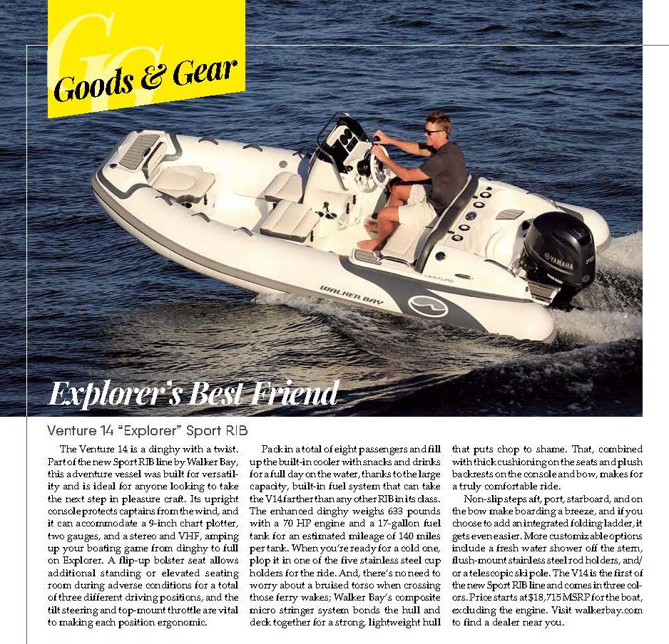 Excellent article covering the all-new #WalkerBay Venture 14 Luxury Explorer #SportTender in the latest issue of <a href="/nwyachting/">Northwest Yachting</a>. Find more info on the Venture 14 at: walkerbay.com/rigid-inflatab…
#yachttender #yachting