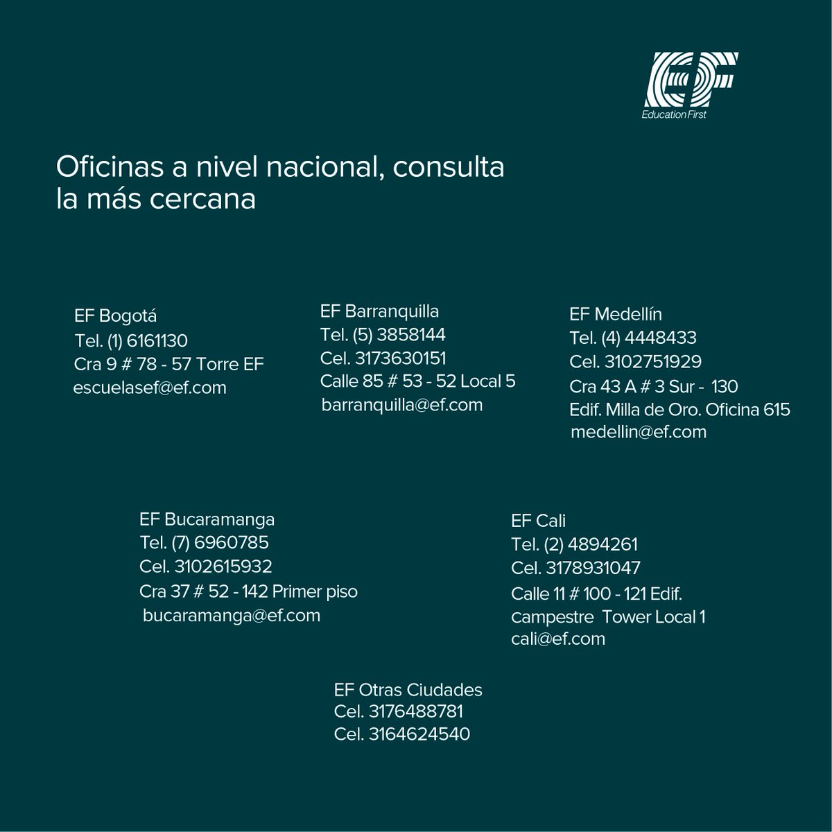 Nuestras oficinas siempre están a tu disposición, acércate y recibe una asesoría para tu próximo viaje. ef.com.co/pg ef.com.co/programasfb