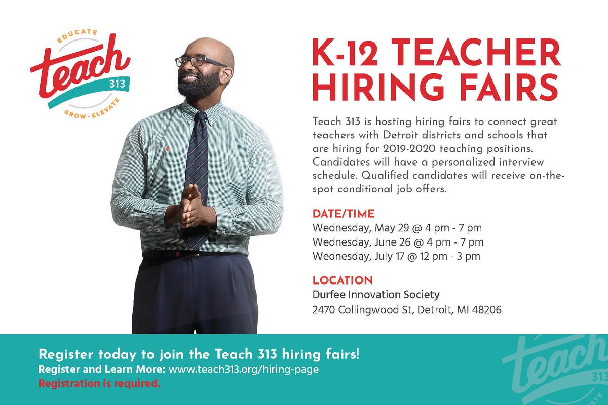 Teach_313's tweet photo. Are you looking to teach in Detroit? We’re happy to have you.
Sign up to attend our hiring fairs and find a place to make a difference in Detroit.
Register here- https://t.co/RW2SE1HABb
#teach313 #hiringfair #education #detroit #teachinDetroit #educators https://t.co/gb9KjMV0jy