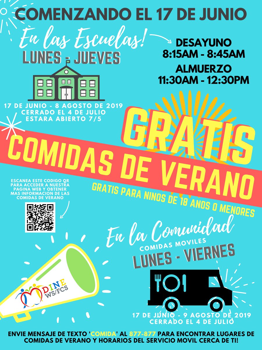 To find free summer meals for Kids 18 and under, text “food” to 877-877 (“comida” en Español). #NoKidHungry 

Also #FreeSummerMeal information is on the <a href="/wsfcs/">WS/FC Schools</a> website here wsfcs.k12.nc.us/Page/111594
