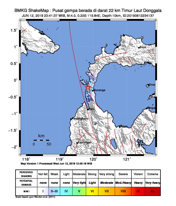 infoBMKG's tweet photo. #Gempa Mag:4.0, 12-Jun-19 23:41:37 WIB, Lok:0.22 LS, 119.84 BT (Pusat gempa berada di darat 22 km Timur Laut Donggala), Kedlmn:10 Km Dirasakan (MMI) III Palu #BMKG https://t.co/urIgMqwjYc