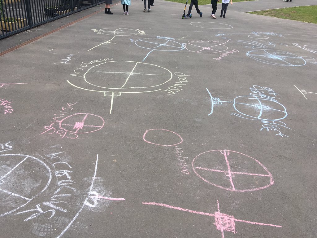 Comet_class's tweet photo. We learnt about right angles in a circle and on a straight line #quartertiurns #outdoorlearning #outermaths @BenBigMaths @AndrellCurtis https://t.co/8BXuAVUjpS