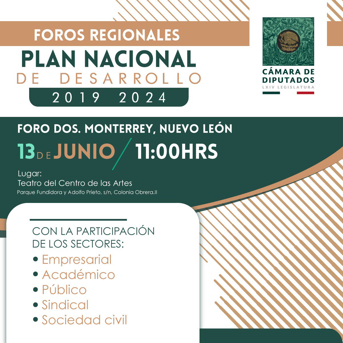Mx_Diputados's tweet photo. Te invitamos al Segundo Foro Regional con motivo del Análisis del Plan Nacional de Desarrollo 2019-2024 📄 #ForosPND
📍Teatro del Centro de las Artes, Monterrey, N.L.
📆 13 de junio
⏰ 11:00 horas
💻 https://t.co/jLtUcvhaq4 https://t.co/1L0OrA2irG