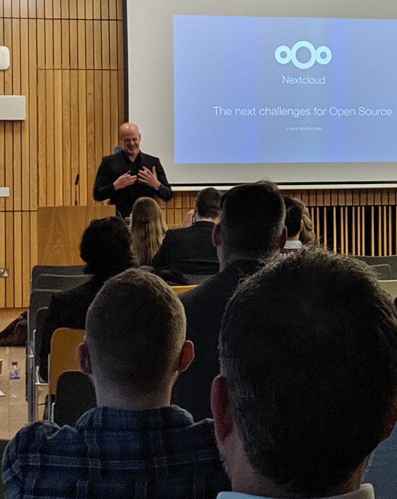 OpenSourceAward's tweet photo. @Nextclouders founder @fkarlitschek giving his keynote on the challenges facing #opensource at #UKOpenSourceAwards #ThoughtLeadership #SuiteCRM #nextcloud #UKOSA https://t.co/ztGaZT7FtS