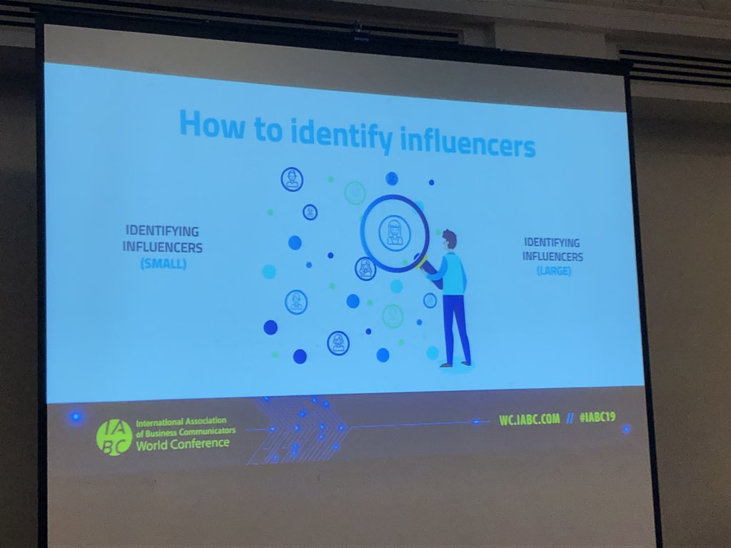 wtigley's tweet photo. We’re not talking Instagram influencers. These #influencers aren’t paid for what they do in organizations. 

Survey positive questions to identify who responded positively and who they are and where you can find them. #IABC19 https://t.co/YtHWPjC3oW