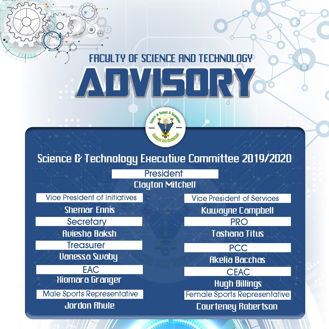 fst_uwimona's tweet photo. The Faculty of Science and Technology Guild Committee is committted to seeing the holistic development of the students for the upcoming academic year. Below is our executive members. Recognise any names?
#DestinedForGreatness💫💫
#FSTGC19🎖 https://t.co/feIhuWb83P