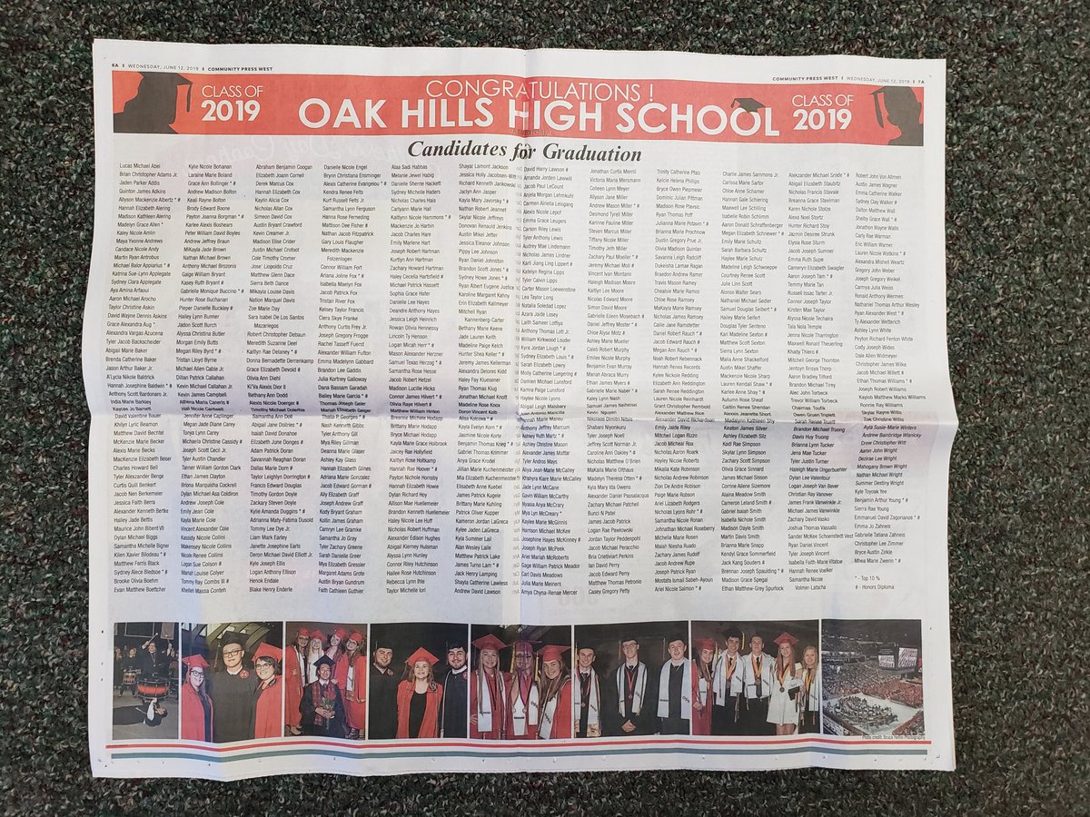 📰🗞Extra! Extra! Read all about it...the class of 2019 <a href="/OakHills_HS/">OHHS Highlanders</a> graduates are listed in today's #communitypress 🎓❤🖤 Grab a copy for your scrapbook. #highlanderstrong