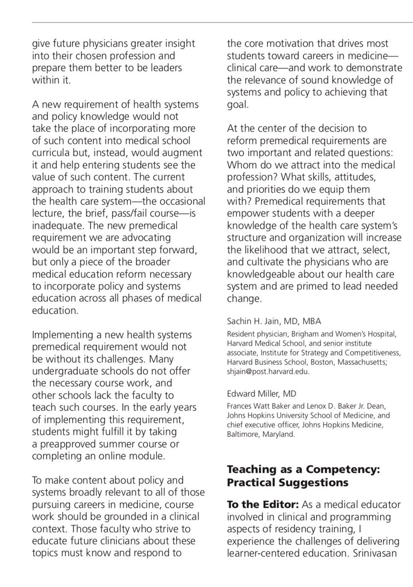 Sachin H. Jain, MD, MBA (@sacjai) on Twitter photo Premedical requirements are so antiquated.
Eight years ago, Ed Miller, then dean of <a href="/HopkinsMedicine/">Johns Hopkins Medicine</a> and I proposed modernizing them to include healthcare policy in Academic Medicine.
It’s an idea that’s still relevant. And it’s an idea whose time has come. Premedical requirements are so antiquated.
Eight years ago, Ed Miller, then dean of <a href="/HopkinsMedicine/">Johns Hopkins Medicine</a> and I proposed modernizing them to include healthcare policy in Academic Medicine.
It’s an idea that’s still relevant. And it’s an idea whose time has come.