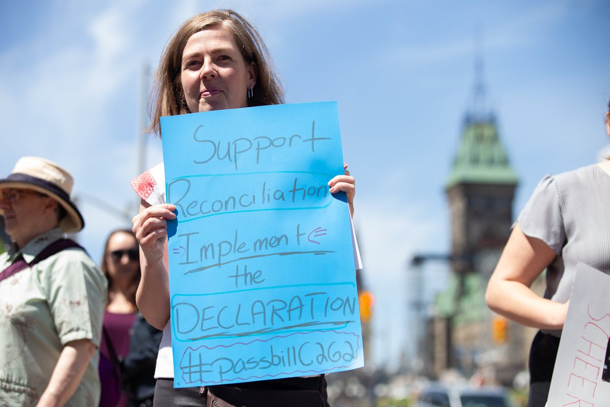 AdoptImplement's tweet photo. Dozens of supporters gathered outside the Senate today to urge Conservative Senators to stop blocking Indigenous rights and pass Bill C262! #senca 1/3 https://t.co/9d5A1WOns5