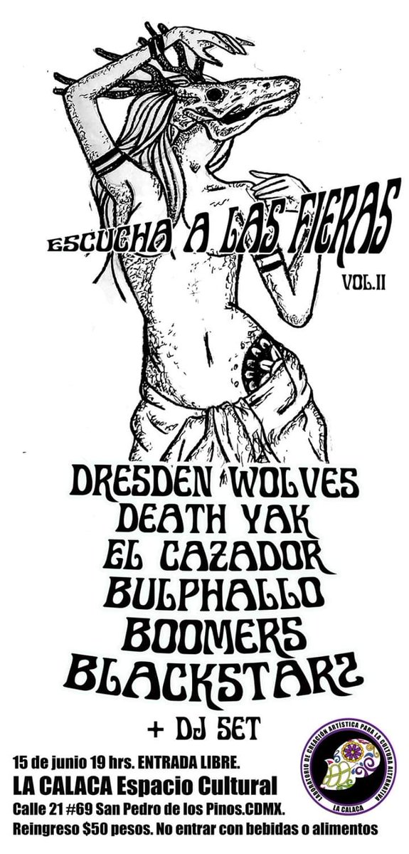 death_yak's tweet photo. @death_yak @DresdenWolves @Bullphalo_mx @elcazadorband @boomers y @blackstar2
Escucha a las fieras el sábado 15 de junio en @CalacaCultural
19:00 hrs
Entrada libre
#DeathYak #DresdenWolves #Bullphalo #ElCazador #Boomers #Blackstar2 #CalacaCultural #BosMutus #Stoner #Rock https://t.co/bZ0oYJTyyx