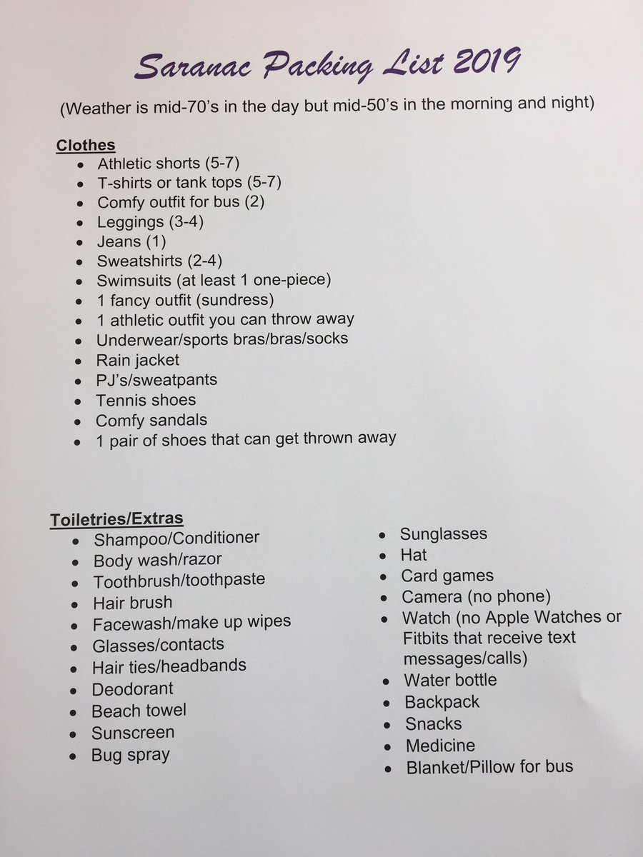 Packing list for Saranac! Not too late to join us-bus leaves Saturday night ☺️