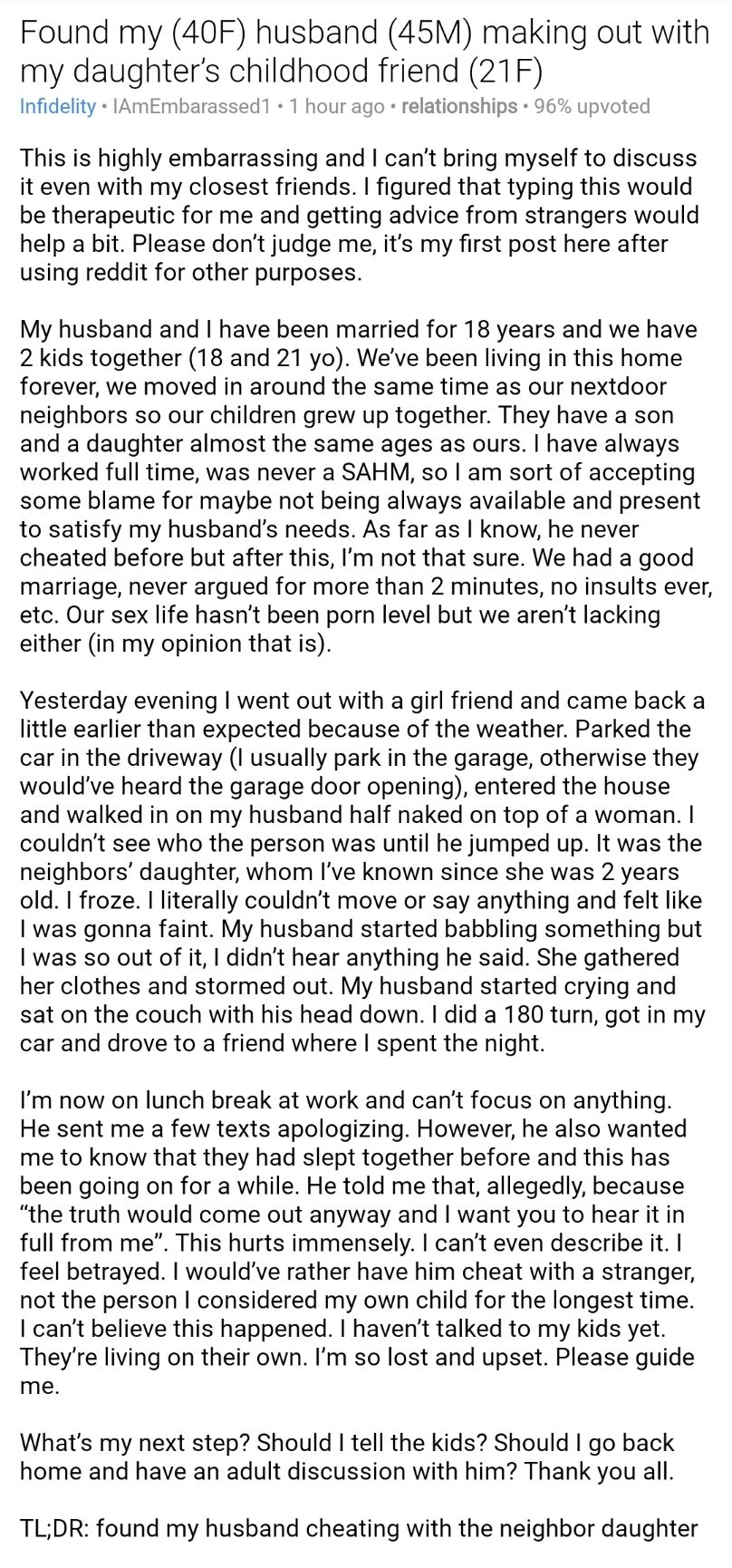 Found my (40F) husband (45M) making out with my daughter's ...