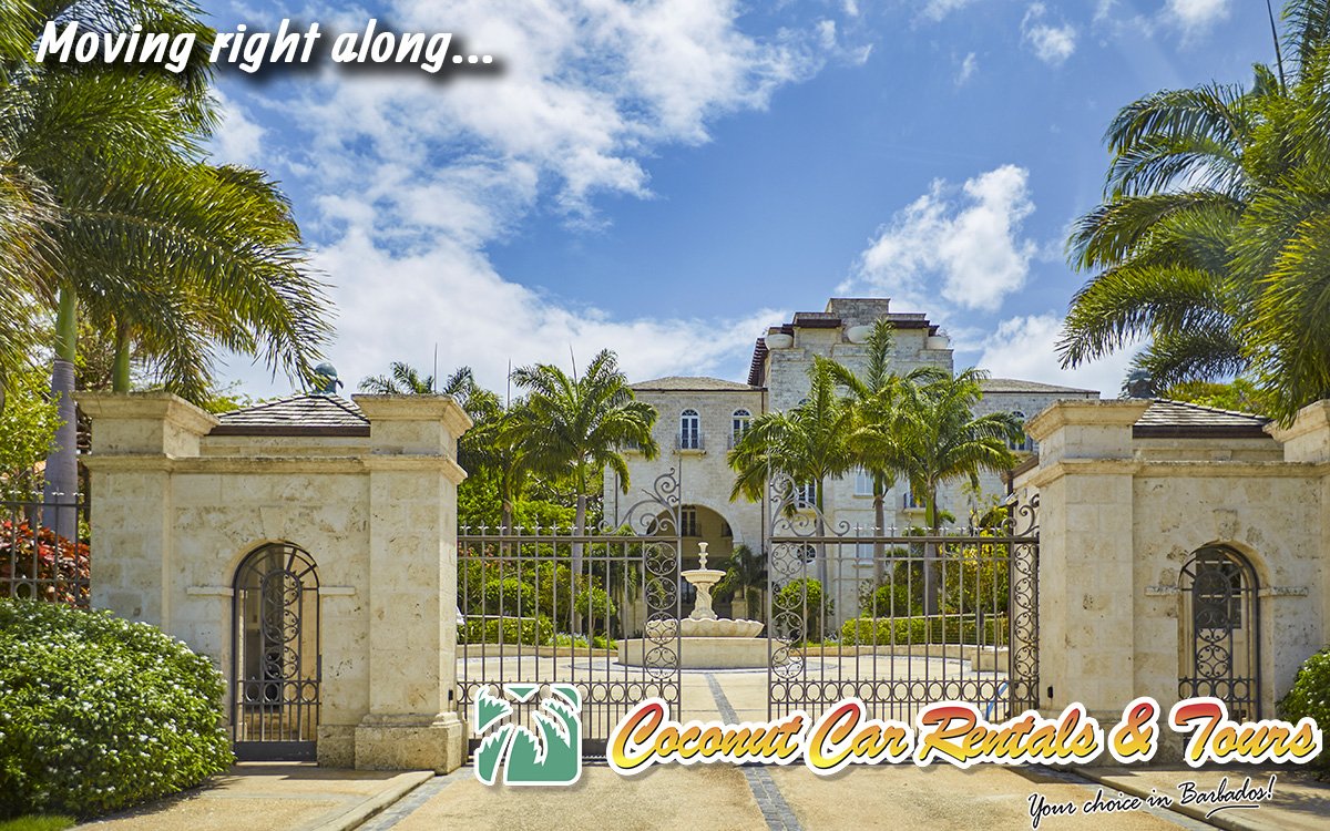 The trip continues up the west coast.  This building is certainly one of the more impressive along the way!  #barbados #westcoast #roadtrip #explorebarbados #palmtrees #fountain