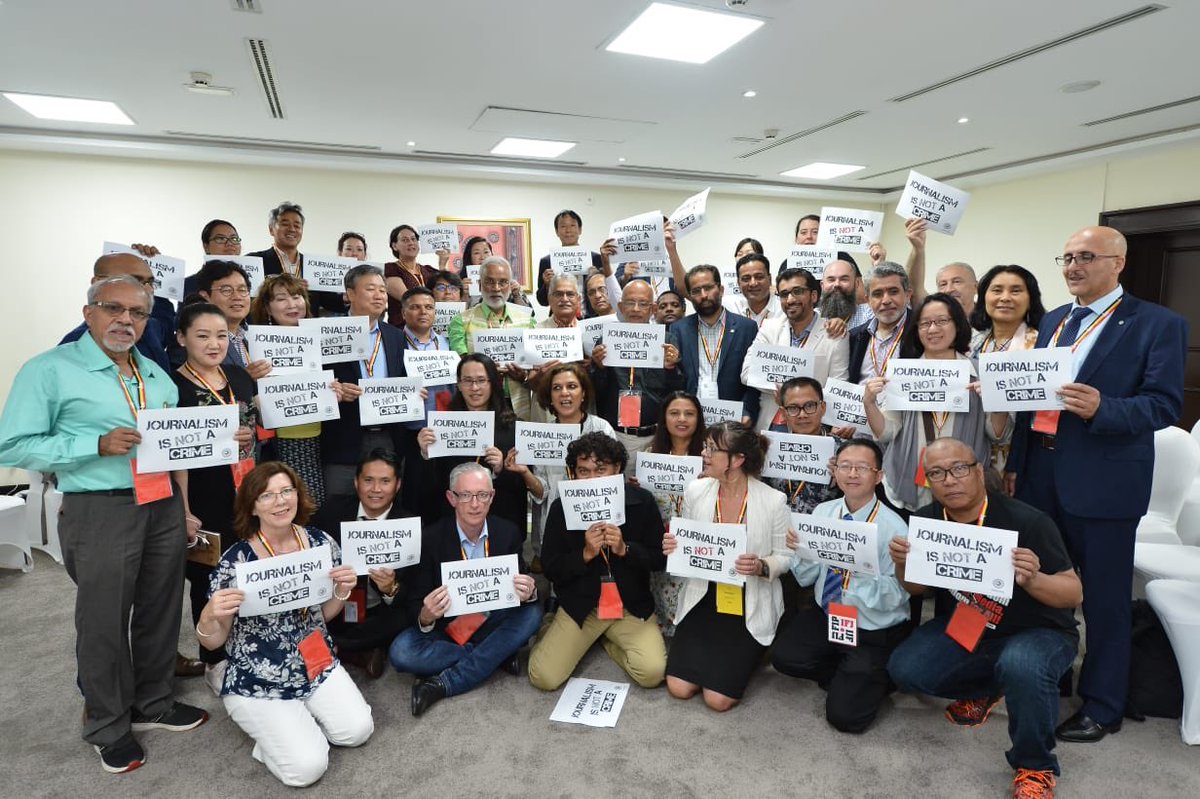 The delegates of  the Asia Pacific, the Middle East and Oceania countries, proclaiming 'Journalism is not a crime on sideline of @IFJGlobal 30th Congress at Tunis, Tunisia today. @ifjasiapacific @SabinaInderjit @PathakGeetartha @apuwjarunachal @stacydejesus @sydneymissjane