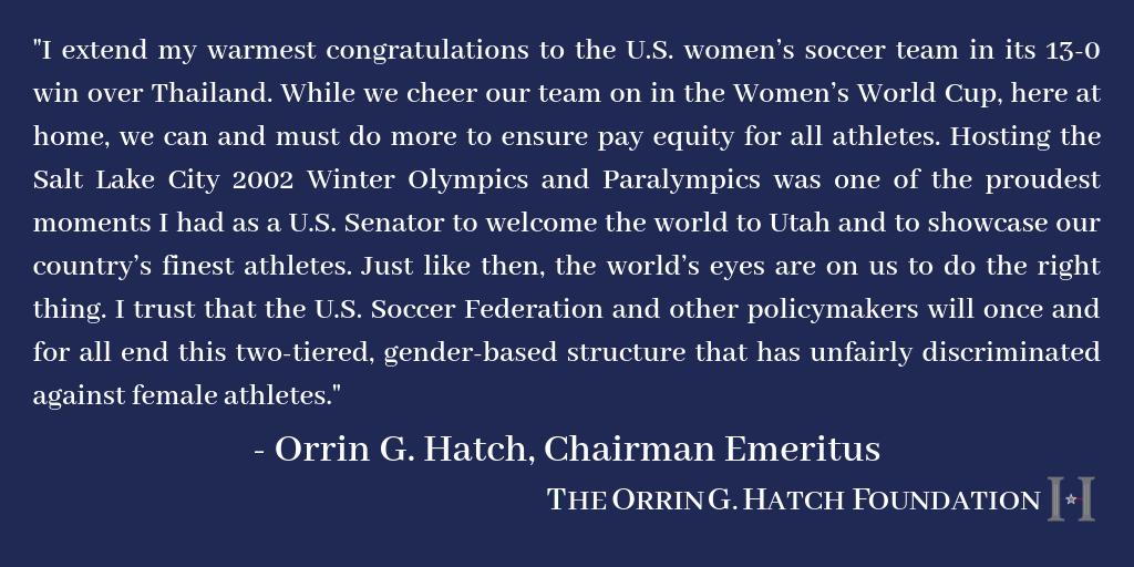 Today, Orrin G. Hatch, Chairman Emeritus of The Orrin G. Hatch Foundation, released the following statement regarding the pay disparity between male and female athletes: #utpol #equalpay