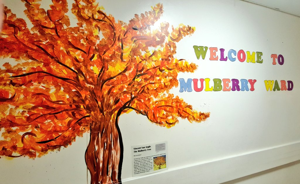 WELCOME TO MULBERRY WARD... finally the entrance artwork is complete...inspired by #vincentvangogh who originally painted this image of a mulberry tree when on a psychiatric ward as a patient...he wrote 'I feel happy when I paint' #OccupationalTherapy #gmmh #gmmhot