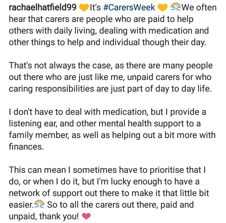 RachHatfield1's tweet photo. This week is #CarersWeek, being a #YoungCarer I have so much respect and love both paid and unpaid carers.
Yes, being a carer has changed my life in many subtle ways, but at the end of the day, I'm still me ❤️ https://t.co/LlOtwd7vYS