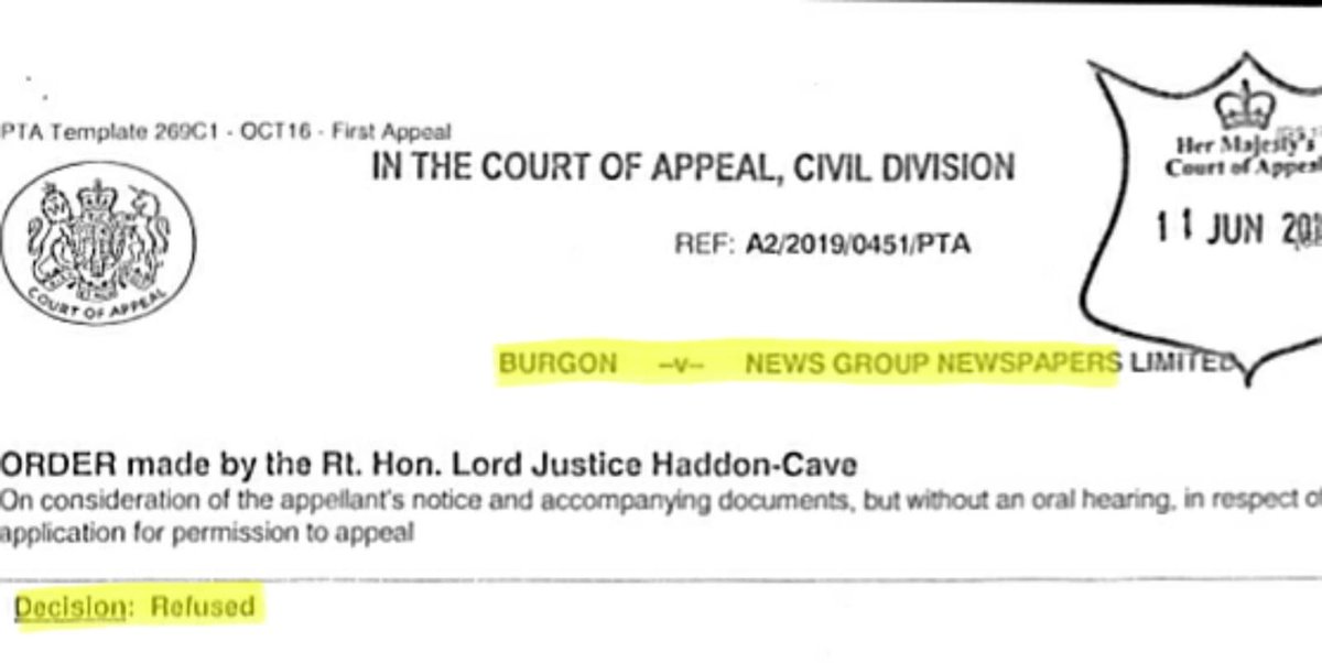 RichardBurgon's tweet photo. The Sun's attempt to overturn my High Court victory against them at the Court of Appeal has failed.

Their slur linking me to “Nazi symbols" was found false &amp; defamatory.

I'll now set up a paid internship for a young person from Leeds - funded by my £30,000 damages from The Sun. https://t.co/BWqlMkFLnr