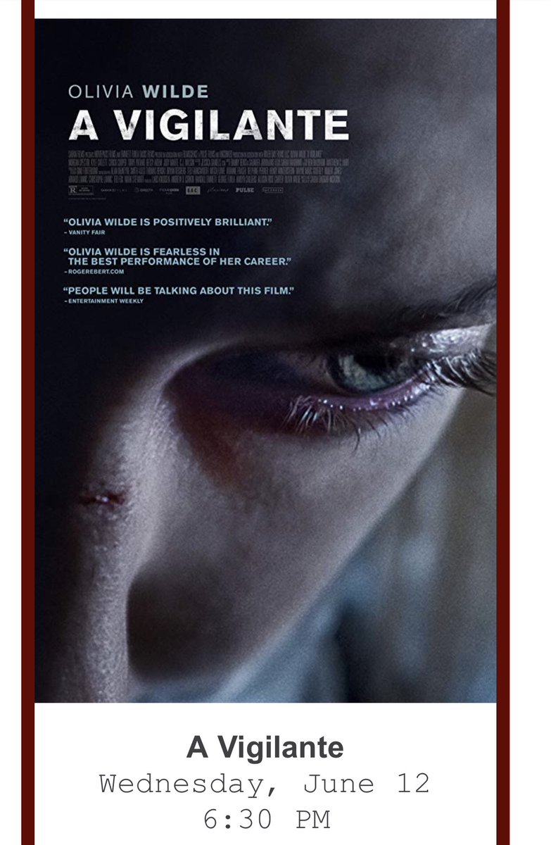 bohmtheatre's tweet photo. Showing of A VIGILANTE, directed by Olivia Wilde, premiers at the Bohm TONIGHT ONLY! @ 6:30 PM https://t.co/bHtryQijUk