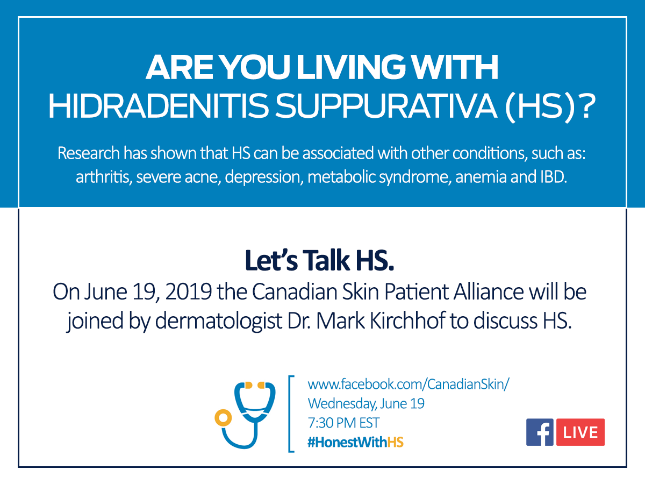 YashYanthi's tweet photo. Join the @CanadianSkin and dermatologist @drmarkkirchhof tomorrow at 7:30 pm EST for a Facebook Live addressing FAQs about HS. https://t.co/18PWaRPaGV
#HonestWithHS https://t.co/cMEVYXsGTQ