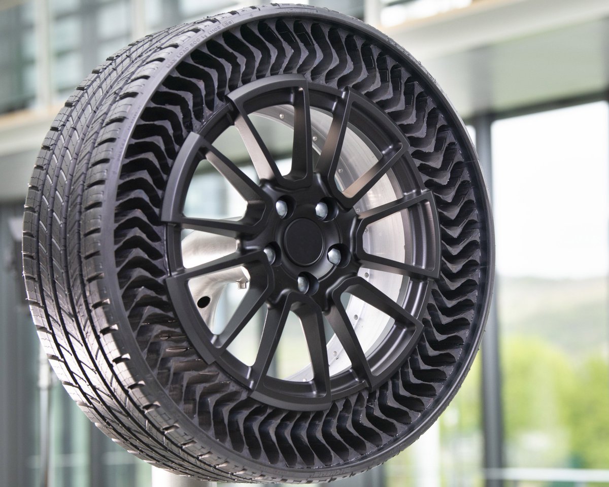 KarageTV's tweet photo. MICHELIN to start testing the Uptis Prototype (Unique Puncture-proof Tire System) this year, hoping to launch this airless tire to the market in 2024. @Michelin https://t.co/s0d6Ze970a