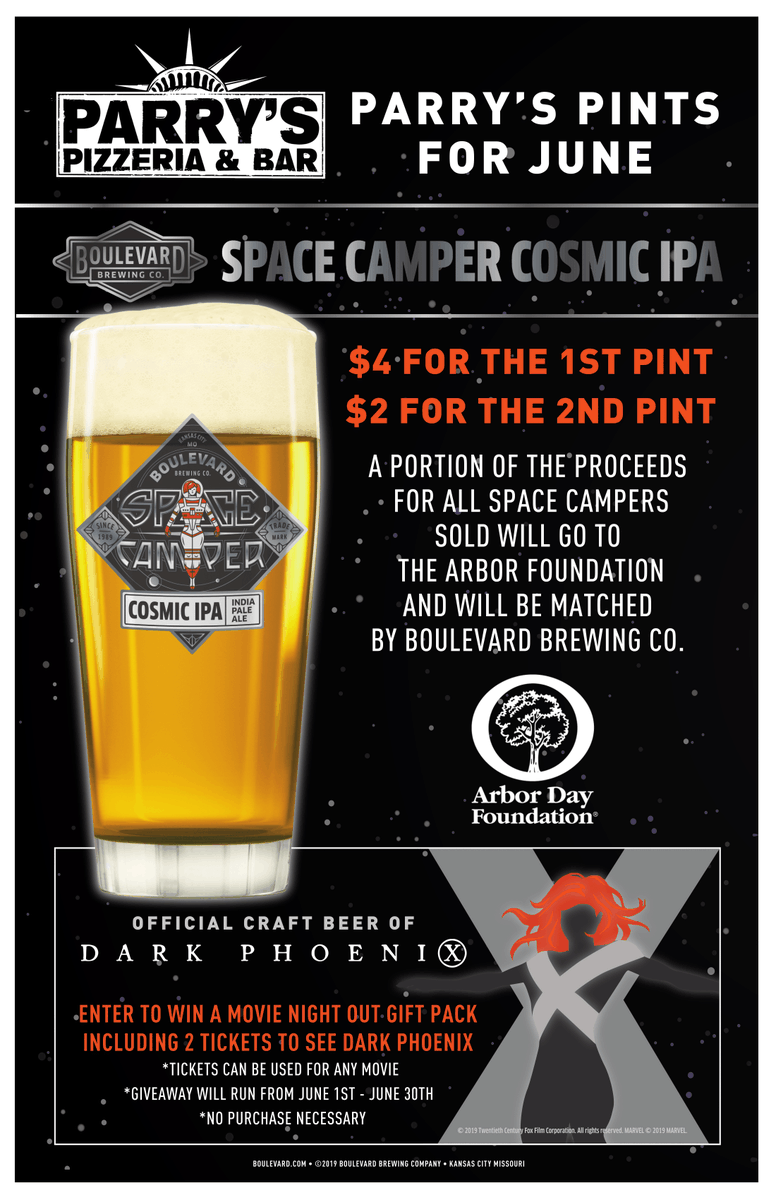Parry’s Pizzeria & Taphouse (@parryspizza_co) on Twitter photo Parry’s, <a href="/Boulevard_Beer/">Boulevard Brewing Co.</a>, and <a href="/BreakthruBev/">Breakthru Beverage Group</a> will donate a portion of sales from Boulevard’s Space Camper Cosmic IPA during the month of June to The Arbor Foundation. As if you needed another reason to drink beer. Parry’s, <a href="/Boulevard_Beer/">Boulevard Brewing Co.</a>, and <a href="/BreakthruBev/">Breakthru Beverage Group</a> will donate a portion of sales from Boulevard’s Space Camper Cosmic IPA during the month of June to The Arbor Foundation. As if you needed another reason to drink beer.
