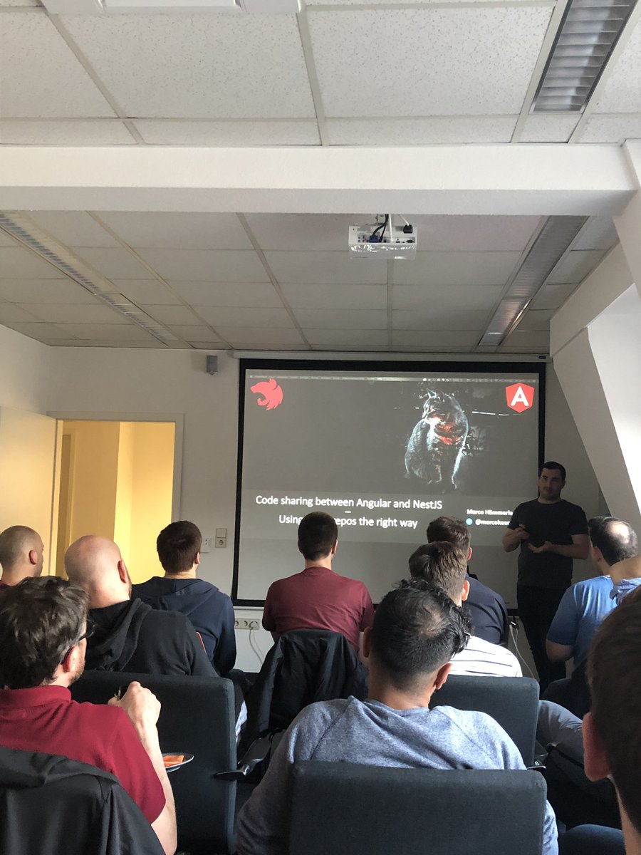 Second talk for our NestJS Stuttgart #meetup today <a href="/theCodecampus/">theCodeCampus</a>: <a href="/marcohaemmerle/">Marco Hämmerle</a> from <a href="/NemoContra/">NemoContra</a> talking on code sharing between <a href="/angular/">Angular</a> and <a href="/nestframework/">NestJS</a> with <a href="/typescript/">TypeScript</a> and <a href="/nrwl_io/">Nrwl</a> Nx
