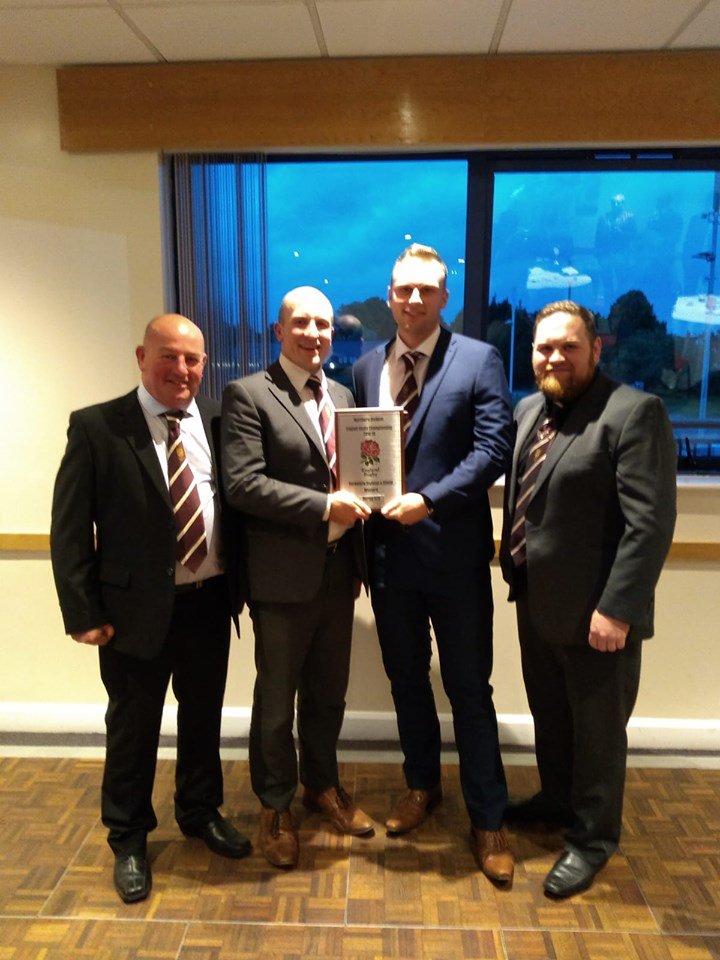 BurleyRUFC's tweet image. Middle management collecting Yorkshire Division 4 Shield Winners Plaque at last night's North RFU Awards! #winnersaregrinners #fivehead #awkwardlighting #birdsflyinghigh