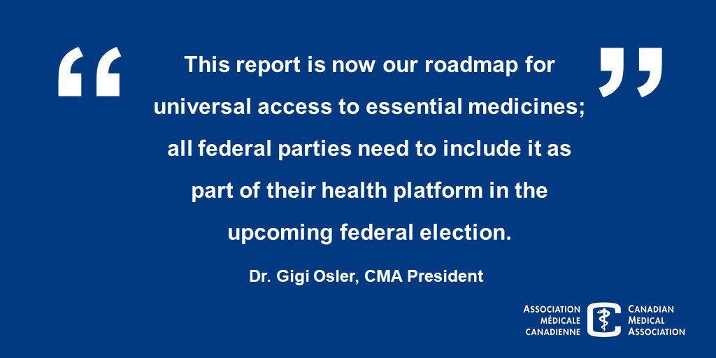 CMA_Docs's tweet photo. “This report is now our roadmap for universal access to essential medicines; all federal parties need to include it as part of their health platform in the upcoming federal election.” -@DrGigiOsler
 
Read our statement on #Pharmacare: https://t.co/QvBArmz7kj #CDNPoli #CDNHealth https://t.co/iPMS7HHigQ