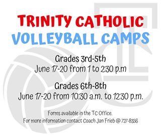 Don’t forget about our volleyball camps! Open to all area schools. June 17th-20th at Trinity Catholic HS. Contact Coach Frieb for more information 620-727-8356.
