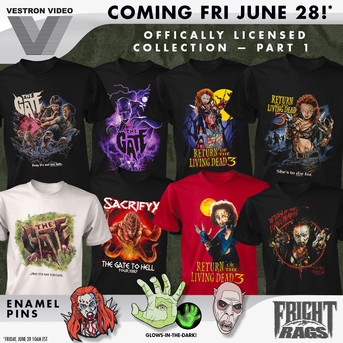 frightrags's tweet image. Coming FRIDAY 6/28 10am EST! Officially Licensed VESTRON VIDEO Collection — Part 1 ! New RETURN OF THE LIVING DEAD 3 and THE GATE Tees! PLUS 3 new first-pressing Enamel Pins! Demons aren't gonna ring the doorbell so be ready at 10am EST Friday 6/28! #frightrags #vestronvideo