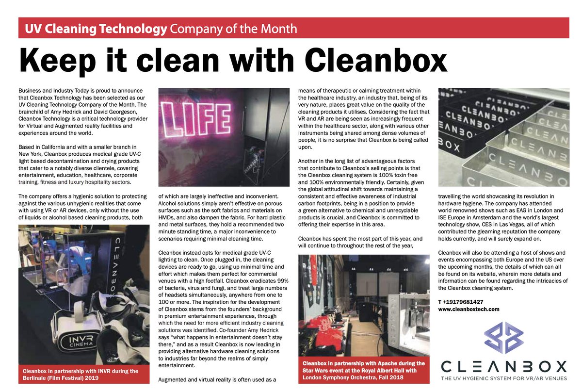 cleanboxtech's tweet photo. Thank you @bait_uk for naming @cleanboxtech the UV Cleaning Technology Company of the Month! Check out an article about #CleanboxTechnology in the latest issue at https://t.co/78JUkaRdno #VirtualReality #ImmersiveTech #healthcare #VR #AR #cleaning https://t.co/A4ydUl82o5