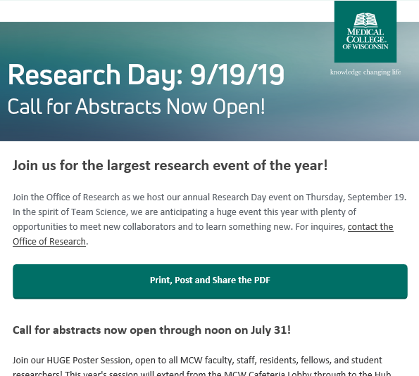 MCW_Research's tweet photo. 📱💻📞🎙️✉️📰 Please forward, announce, email, carrier pigeon, or otherwise share our first #MCWResearchDay announcement with your colleagues! https://t.co/VVifFHmGCc https://t.co/U1fx9b7oTf