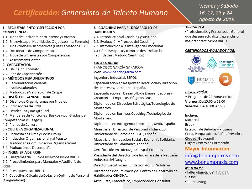 BonumPraxis's tweet photo. TE INVITAMOS A LA OCTAVA EDICIÓN DE LA CERTIFICACIÓN COMO GENERALISTA EN GESTIÓN DEL TALENTO HUMANO. 
16,17,23 y 24 de Agosto
Descarga toda la Información: 
https://t.co/yNQxSGuhr5 https://t.co/ceYxFp3K3h