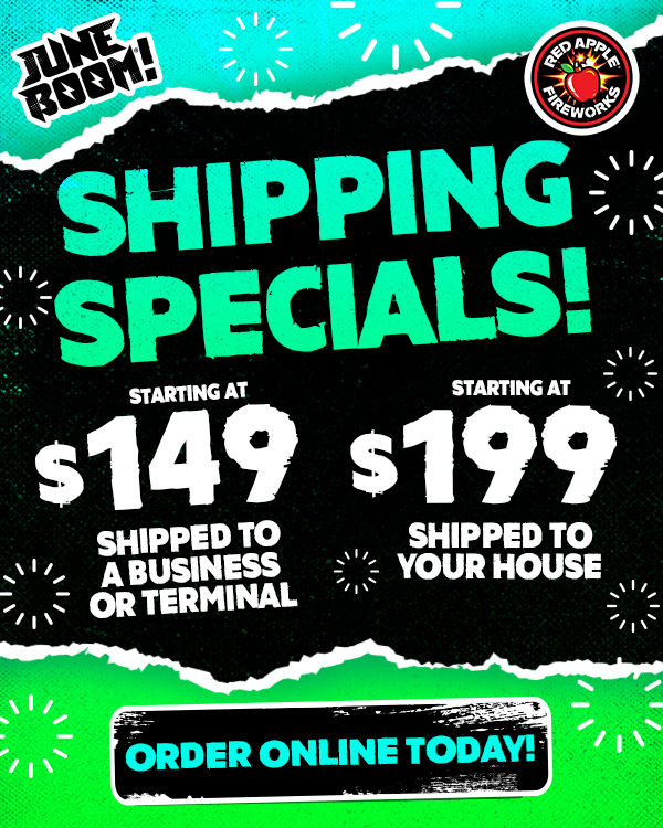 redapplefw's tweet image. New SHIPPING SPECIALS for June Boom®!

Get 200+ rockin' specials shipped right to your door, dock, business or wherever!

Shipping info: bit.ly/2Xzd2XE
Start shopping: bit.ly/2HO2nmG

See you on the interwebz &amp;amp; in-store, #pyrosquad! #welovefireworks® #litAF™