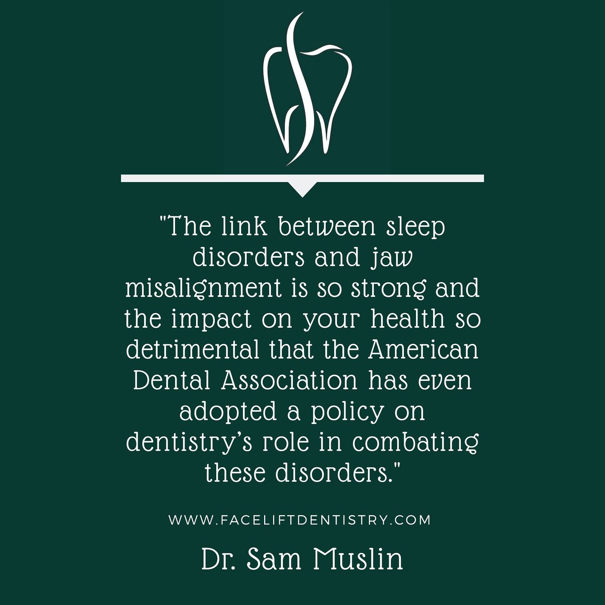 FaceLiftDDS's tweet photo. Dr. Muslin shares his #WednesdayWisdom about the correlation between jaw alignment and sleep disorders. #QOTD #cosmeticsurgery #dentist #wednesdaythoughts #JawTrac® #VENLAY® #FaceLiftDentistry® #DentalFacelift® https://t.co/xZGEE59s5n