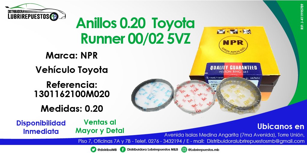 distribuiMB's tweet photo. Anillos 0.20 @Toyota #Runner 00/02 5 VZ 
Marca: NPR 
Vehículo Toyota 
Referencia: 1301162100M020 
Medida: 0.20   
#ClientesMB #Toyotacorolla #PartesDeCarro #Repuestos #venezuela  #12Jun #LubrirepuestosMB #SanCristobal #4x4 https://t.co/aiRftSc15x