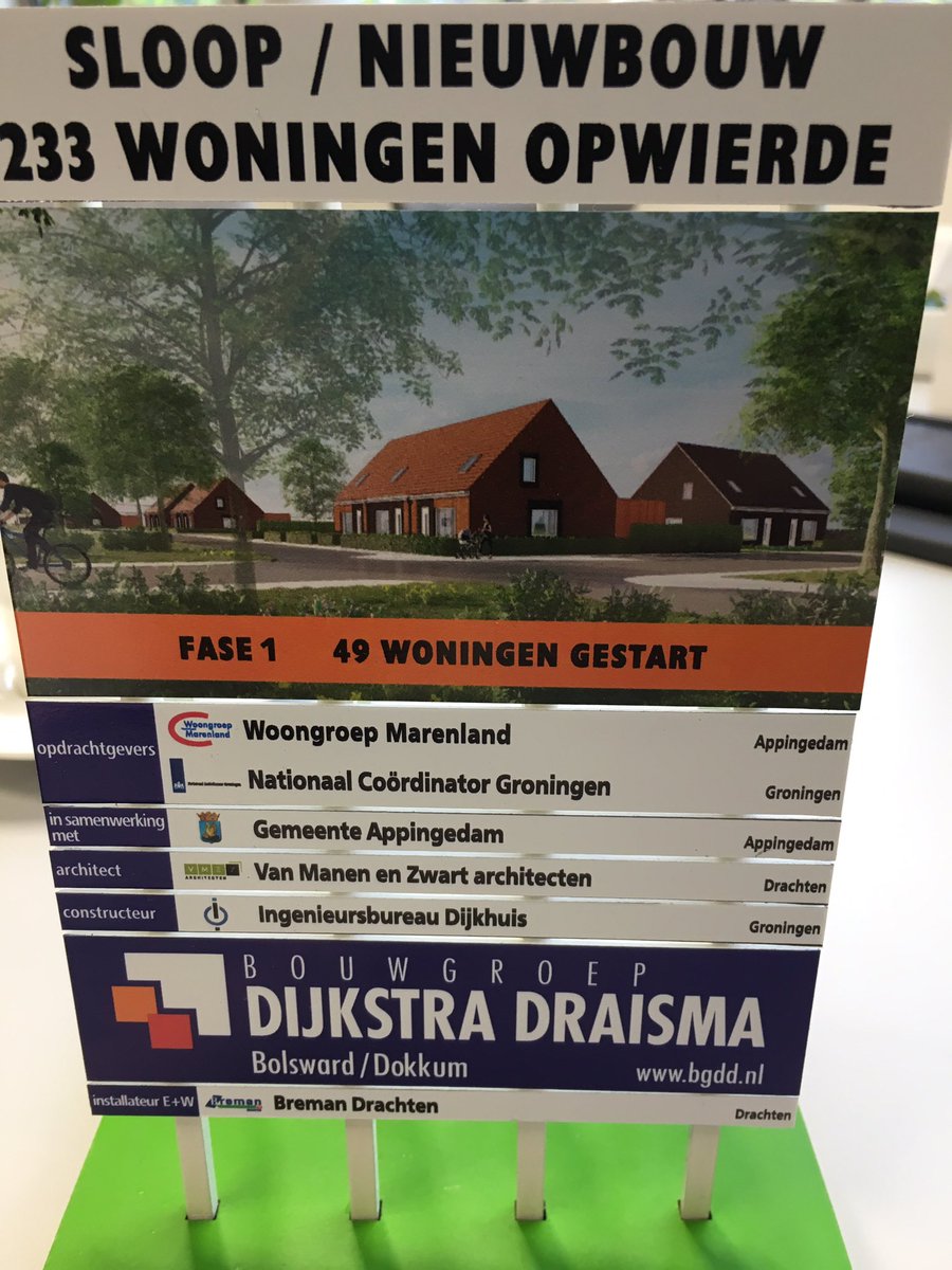 Vanmiddag contract getekend voor sloop en nieuwbouw 164 huurwoningen Opwierde-Zuid. <a href="/WMarenland/">Woongroep Marenland</a> en <a href="/DijkstraDraisma/">Bouwgroep Dijkstra Draisma</a> Aardbevingsbestendig en gasloos. Voorbereidingen zijn in volle gang voor de realisatie van een veilige en duurzame woonomgeving.