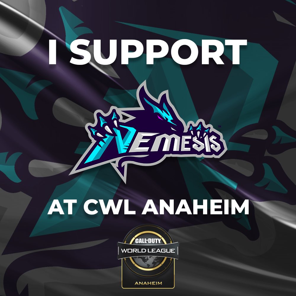 NemesisGG's tweet photo. We want to wish anyone traveling to @CODWorldLeague Anaheim a safe travel! We also want to wish our #CWLAnaheim team luck as they are competing this weekend! 

@Conbix99 
@9Return 
@DraMa424 
@Jintroid 
@Hitmxn_ 

Show your support by sharing the image below! 
#WeAreYourNemesis https://t.co/kJ4nP3gztx