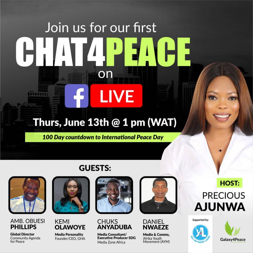 yalinetworklag's tweet photo. In commemoration of Peace day, @galaxy4peace in collaboration with @yalinetworklag is launching a monthly advocacy campaign tagged #Chat4Peace, designed to promote online conversation on peace and nation building.
Please join us via the link below:
https://t.co/b8UvavMln1 https://t.co/ODDKuil3do
