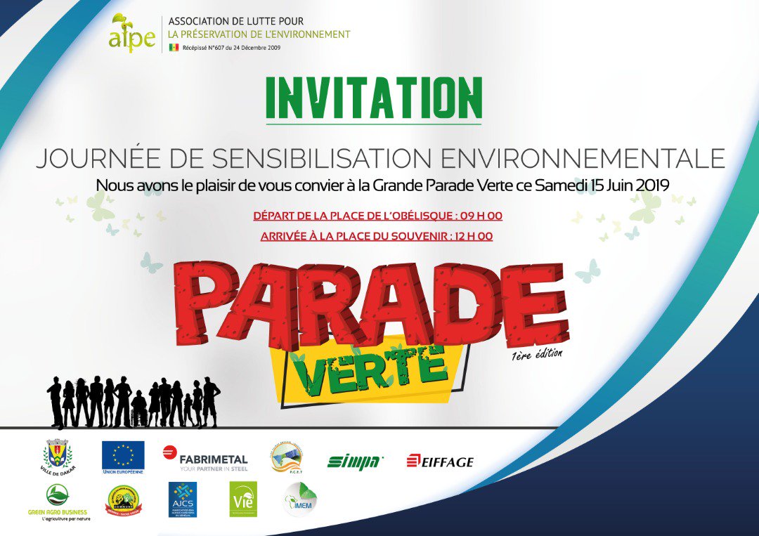Première édition de la Parade verte le samedi 15 juin 2019 à Dakar. Avec Alpe et le <a href="/PcetDakar/">PCET/Dakar</a>, marchons pour protéger l'environnement. <a href="/UEauSenegal/">UE au Sénégal</a> <a href="/endaenergylinks/">ENDA ENERGIE</a> <a href="/CoMOSSAfrica/">Covenant of Mayors in Sub-Saharan Africa</a> @jvesenegal <a href="/SohamElWardini/">Soham El Wardini</a> <a href="/PicepPikine/">Projet COM SSA Pikine Phase 3</a> <a href="/Dakclim/">Plateforme Dakar Agit pour le Climat</a> <a href="/ICLEIAfrica/">ICLEI Africa</a>
